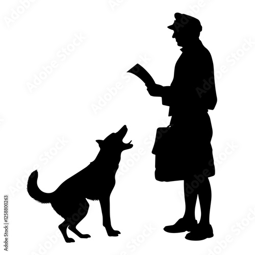 Postal worker delivering mail, dog barking, silhouette of postal courier with dog, security, interaction, delivery service, alert dog, canine behavior, postman in uniform, professional communication, 