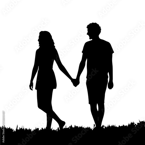 Couple walking barefoot on grass, holding hands, romantic stroll, silhouette of love, outdoor walk, connection, togetherness, affection, summer day, intimate moment, walking together, couple bonding, 