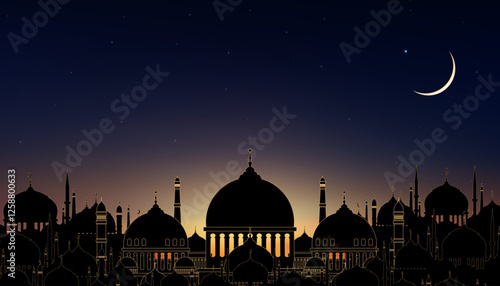 Ramadan Background,Mosque and Crescent moon on night sky, Islamic card with twilight dusk sky for Islamic religion,Eid al Adha,Eid Mubarak,Eid al fitr,Ramadan Kareem,Muharram