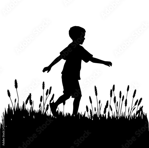 Silhouette of a Young Boy Walking Through Tall Grass with Outstretched Arms. Childhood Exploration, Outdoor Play, Freedom,Growth, Simple Joys, Mindfulness, Peaceful Moments.