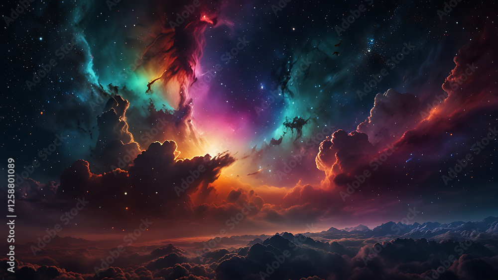 Fototapeta premium Fantasy cloudscape with colorful nebula and stars. 3D rendering