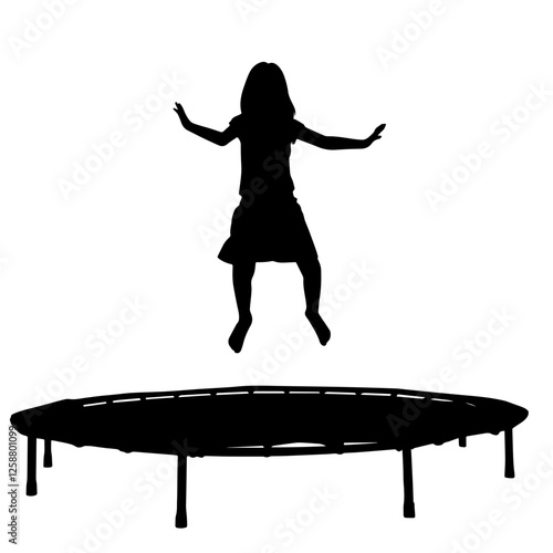 Silhouette of a Child Jumping on a Trampoline with Arms Spread Wide in the Air. Active Play, Outdoor Fun, Physical Exercise,Recreational Activity, Energy Release, Freedom, Balance, Coordination.