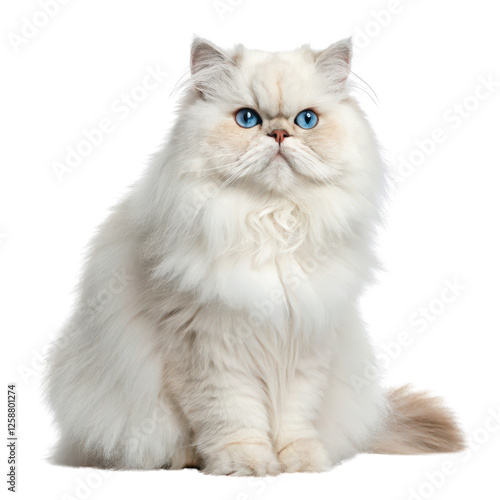 Fluffy white cat with striking blue eyes isolated on white background