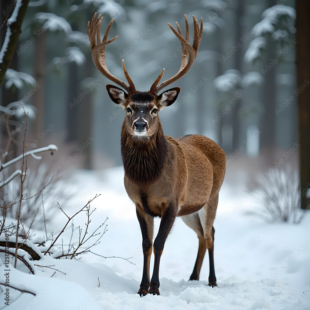 A deer with antlers standing in the snow, a forest of trees behind it
