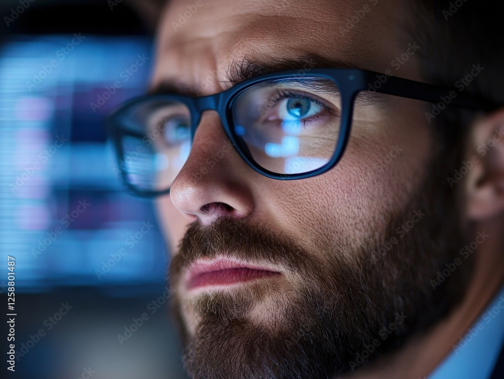 man with glasses looking at screen man with glasses looking at screen