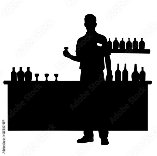 Silhouette of a Bartender Holding a Glass with Bottles in the Background. Professional Theme, Hospitality Industry, Cocktail Cultur, Restaurant Business, Beverage Art, Nightlife Scene, Mixology.