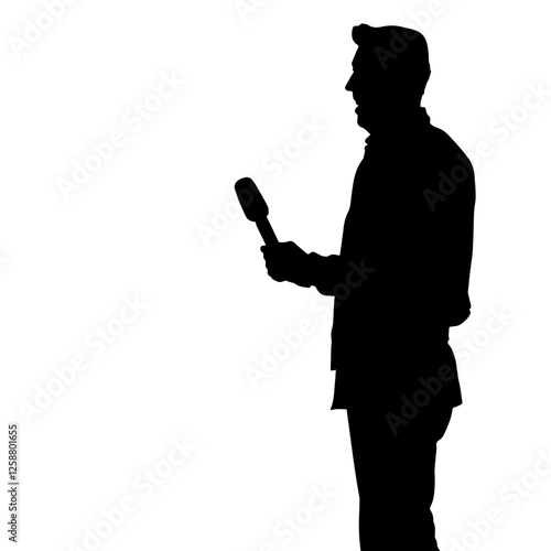 Silhouette of an Interviewer Holding a Microphone, Facing Left. Journalism, Media, Reporting, Public Speaking, Press Coverage, Broadcasting, News Gathering, Communication