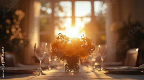 Elegant dining setup with flowers and sunset light in a cozy atmosphere