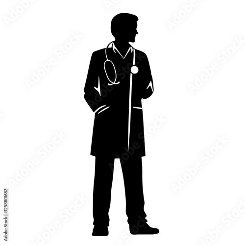 physician.Silhouette of a Doctor Wearing a Lab Coat with Stethoscope Around Neck, Hands in Pockets. Healthcare, Medical Profession, Patient Care, Hospital Services,General Practitioner, Public Health,