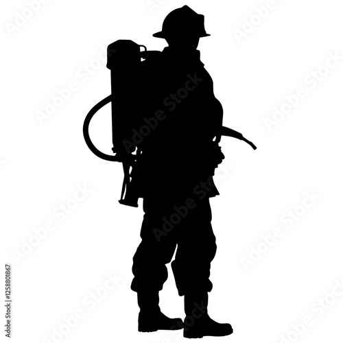 Silhouette of a Firefighter Wearing a Helmet with an Air Tank, Holding a Hose. Emergency Response, Public Safety, Fire Prevention, Rescue Services,Firefighting Equipment, Community Protection.Disaster