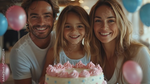 Family celebration with cake and balloons in a cozy indoor setting
