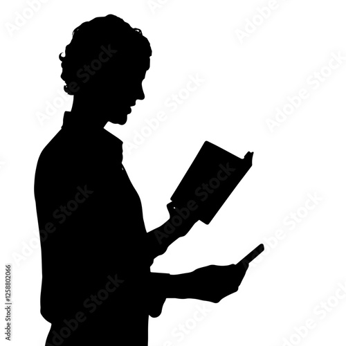 Silhouette of a Teacher or Translator Holding a Book,Smartphone, Side View. Education, Language Learning, Communication, Academic Studies, Teaching Methods, Knowledge Sharing,Professional Development