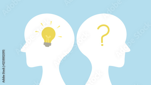 Two white head silhouettes on a blue background, one with a question mark and the other with a light bulb, collaboration between a person asking a question and another person with the answer