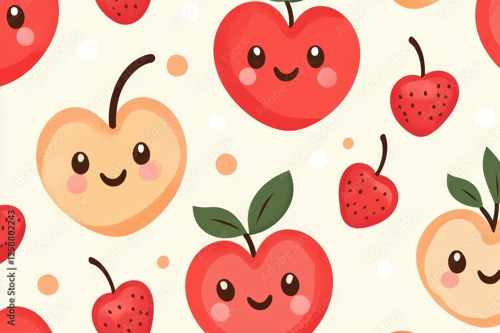 A whimsical pattern featuring smiling red and yellow hearts, strawberries, and playful dots on a light background. A whimsical pattern featuring smiling red and yellow hearts, strawberries, and playful dots on a light background.