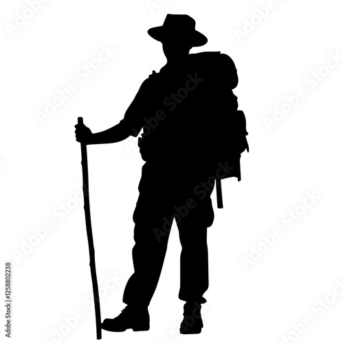 Silhouette of a Park Ranger Standing with Walking Stick,Backpack, Wearing a Hat. Nature Conservation, Wildlife Protection, Environmental Awareness, Adventure Travel, National Park Protection
