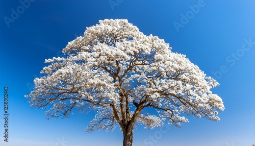 white ipe tree in full bloom with vibrant white flowers against a clear blue sky emphasizing the tree s shape and bright colors nature spring season botanical beauty