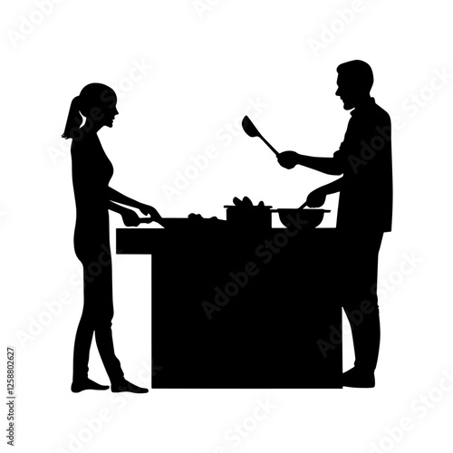 Silhouette of a Man and Woman Cooking Dinner Together, Valentine’s Day. Romantic Moments, Love, Togetherness, Home Cooking, Couple Bonding, Culinary Experience, Shared Activities, Relationship, Specia
