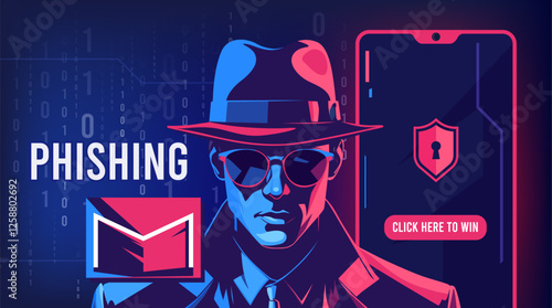 Illustration of a mysterious man wearing a hat and glasses with light reflection. Design concept about cybercrime such as phishing, fraud, data theft and others.