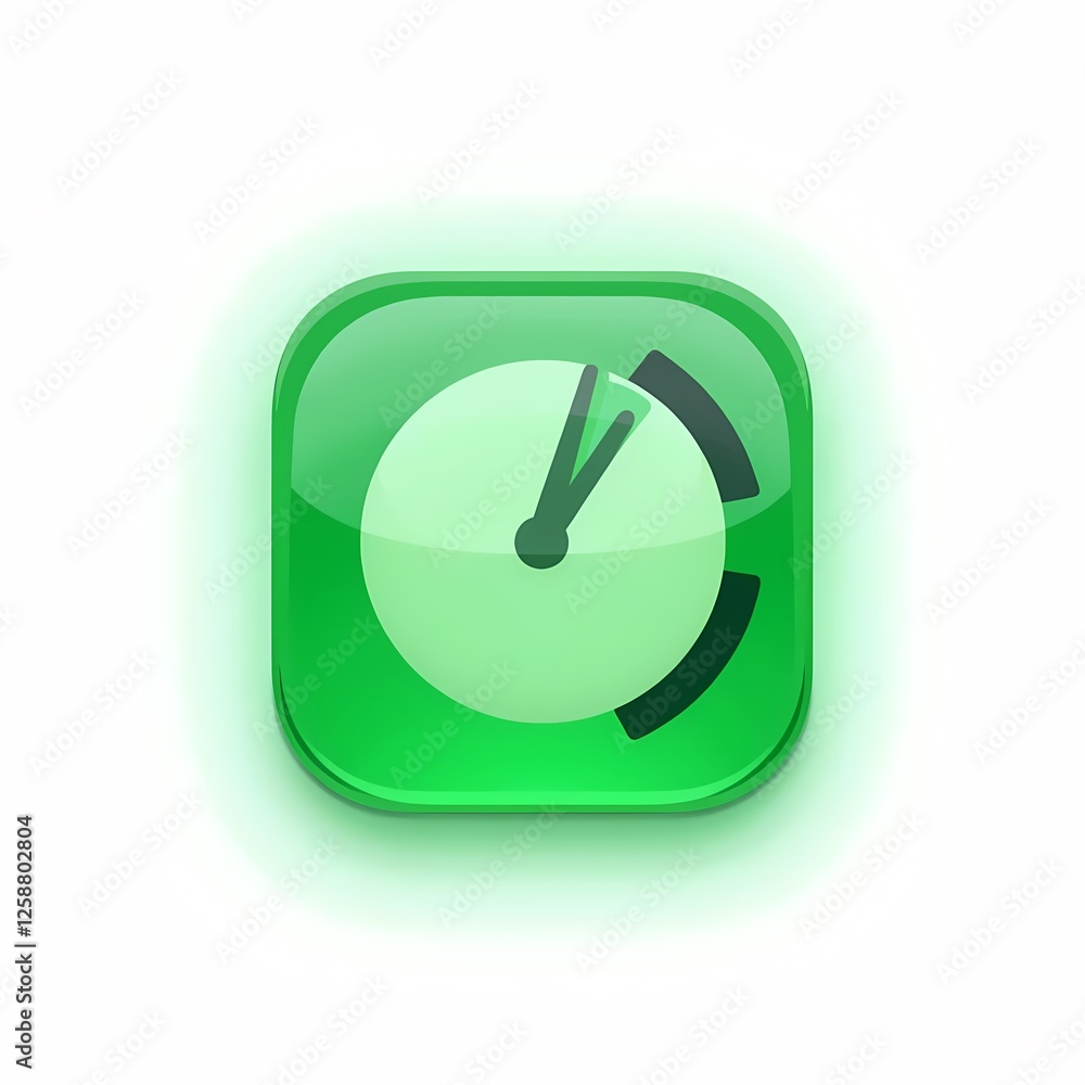 An glowing image of a green clock with a black stripe on the side. The background is a soft white color, adding depth and contrast. An glowing image of a green clock with a black stripe on the side. The background is a soft white color, adding depth and contrast.