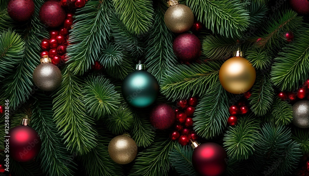 full frame close up of assorted christmas conifer branches with christmas baubles for a festive background full frame close up of assorted christmas conifer branches with christmas baubles for a festive background