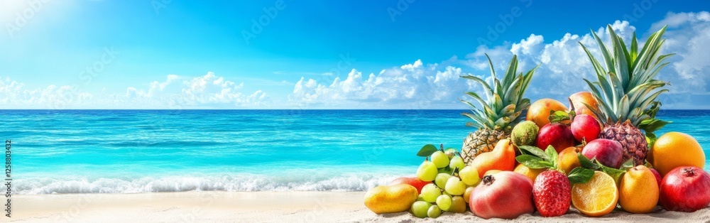 Vibrant tropical fruits are arranged on soft sand, set against a picturesque turquoise sea and a bright sky. This fresh display invites joy and relaxation under the sun. With copy space for text Vibrant tropical fruits are arranged on soft sand, set against a picturesque turquoise sea and a bright sky. This fresh display invites joy and relaxation under the sun. With copy space for text