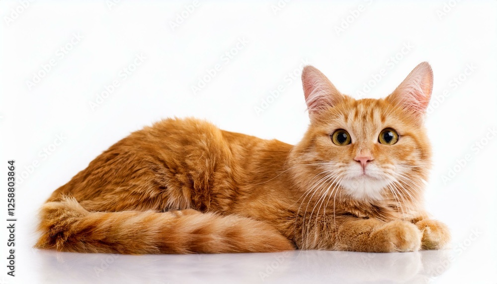 happy ginger cat laying down on white background happy ginger cat laying down on white background