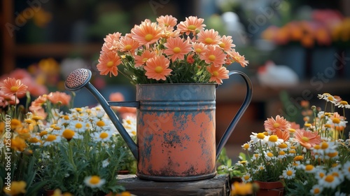 Bright orange flowers thrive in a rustic watering can amid a colorful garden ...