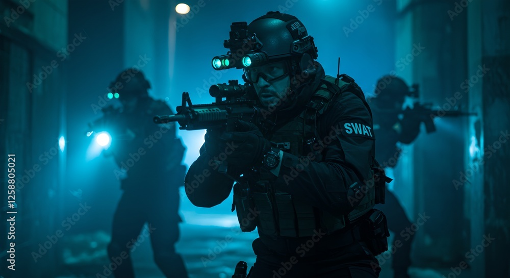 Fototapeta premium Swat team in action during night operation. Tactical police unit advancing in dark hallway with weapons drawn. Special forces training or mission simulation.