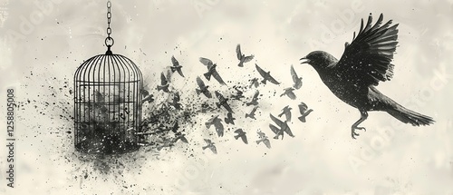 drawing of many birds fly out of the cage