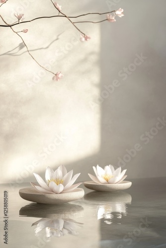 'Cherry blossoms and white lotus flowers in shallow bowls, serene backdrop, minimalistic decor, tranquil setting