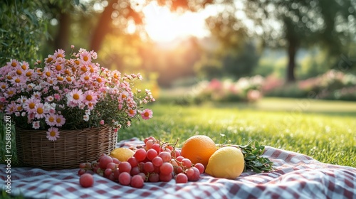 Sunset picnic with fresh fruits and blooming flowers in a serene garden setting