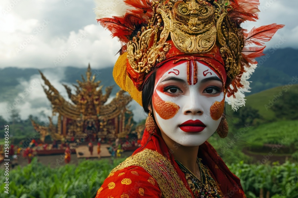 Indonesian dancer, red headdress, ritual, mountains, ceremony Indonesian dancer, red headdress, ritual, mountains, ceremony