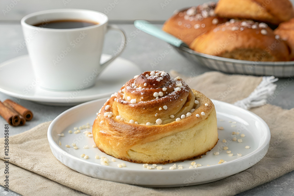 A delicious cinnamon roll topped with sugar pearls, served on a plate with a cup of coffee in the background. Perfect for breakfast or a sweet treat. A delicious cinnamon roll topped with sugar pearls, served on a plate with a cup of coffee in the background. Perfect for breakfast or a sweet treat.