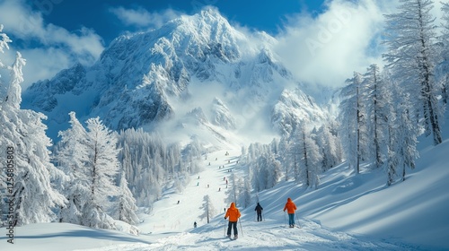 Skiers enjoy a sunny winter day in a snowy mountain landscape