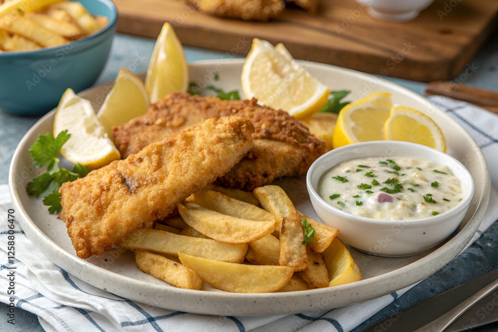 Crispy fried fish served with golden fries, lemon wedges, and a tangy dipping sauce, all on a rustic plate. Crispy fried fish served with golden fries, lemon wedges, and a tangy dipping sauce, all on a rustic plate.