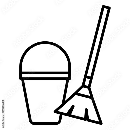 besom with stick and pail icon Outline vector symbol sign