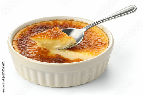Creamy, golden-brown crème brûlée served in a white dish, with a spoon taking a portion, showcasing its smooth texture beneath the caramelized sugar crust.