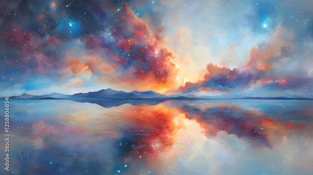 Fototapeta premium Serene Celestial Landscape- Mountains Mirrored in Starry Lake