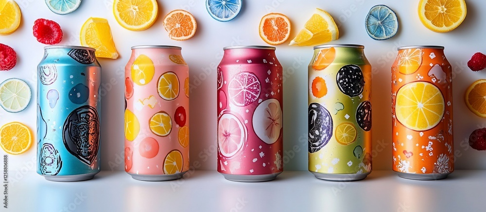 Colorful beverage cans arranged creatively with citrus fruits on a bright background Colorful beverage cans arranged creatively with citrus fruits on a bright background