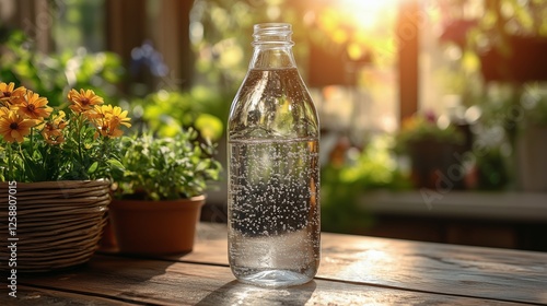 Sparkling water bottle in sunlight amidst vibrant indoor plants during afternoon