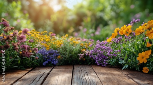 Colorful flowers bloom in a sunny garden with a wooden pathway during springtime