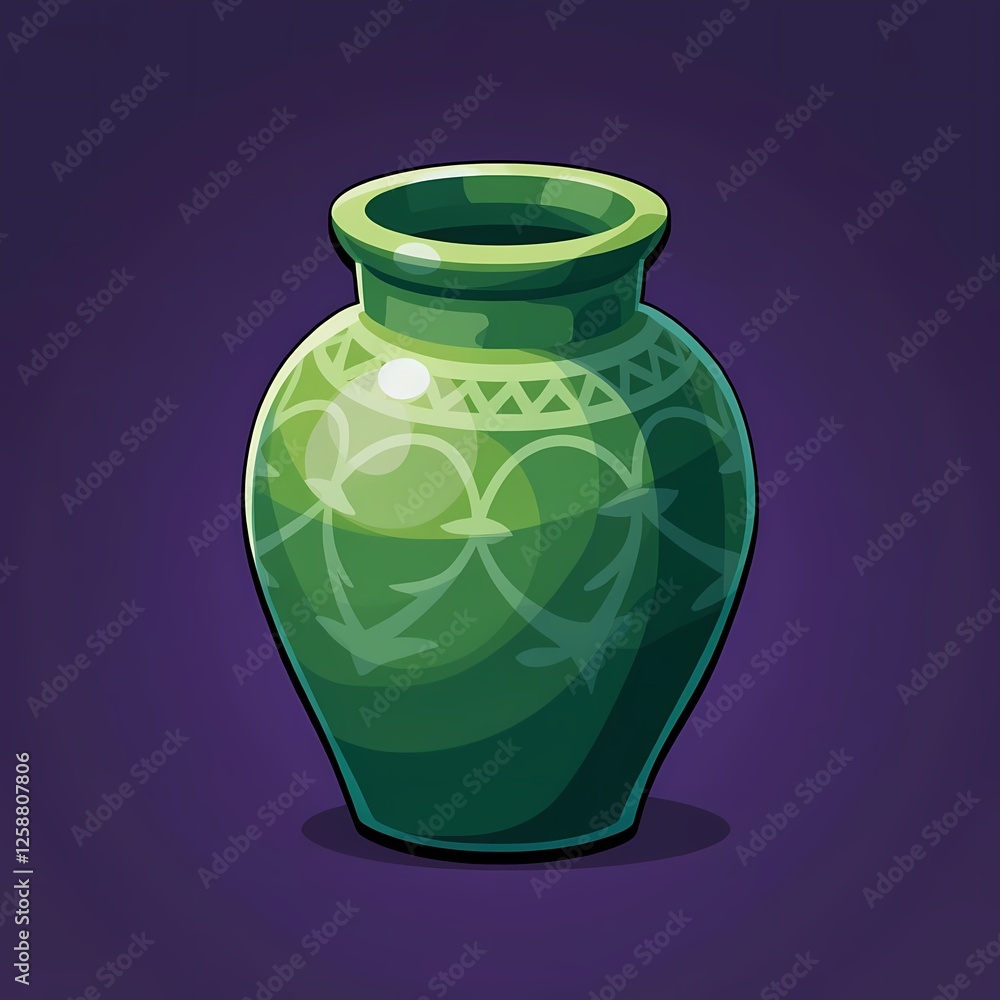 An detailed image of a green vase with a patterned design. The background is a deep purple color, adding depth and contrast. An detailed image of a green vase with a patterned design. The background is a deep purple color, adding depth and contrast.