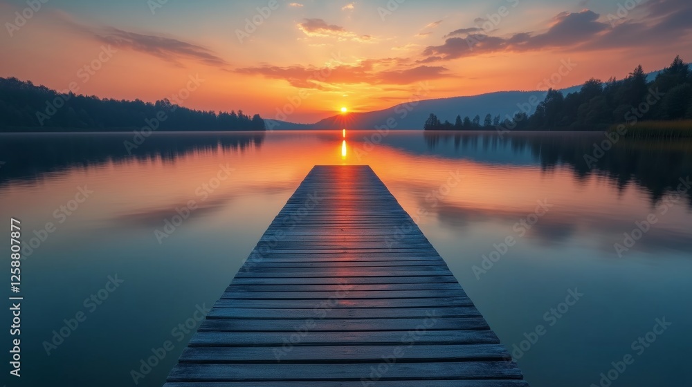 Sunset over tranquil lake with a wooden pier extending into reflective waters Sunset over tranquil lake with a wooden pier extending into reflective waters