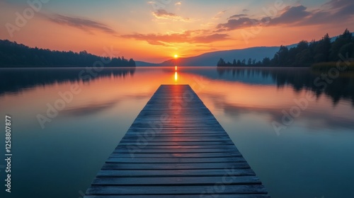 Sunset over tranquil lake with a wooden pier extending into reflective waters