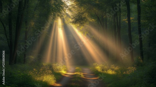 Light beams streaming through trees in a tranquil forest path during early mo...