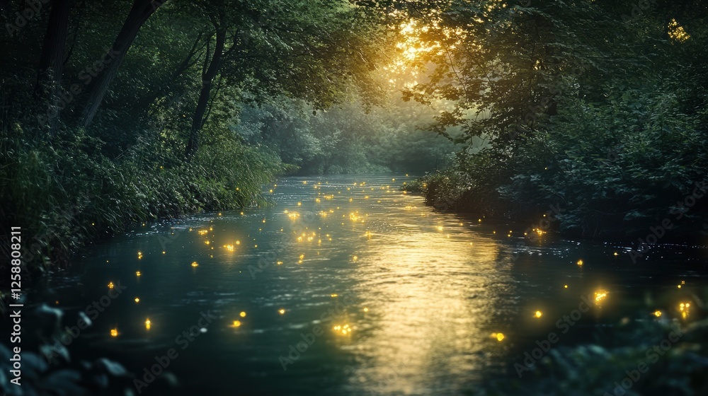 Naklejka premium A magical river with glowing fireflies reflecting on the water at twilight, surrounded by lush greenery.