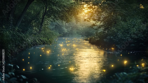 A magical river with glowing fireflies reflecting on the water at twilight, surrounded by lush greenery. photo