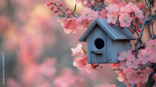 Birdhouse nestled among blooming cherry blossoms during springtime in a seren...