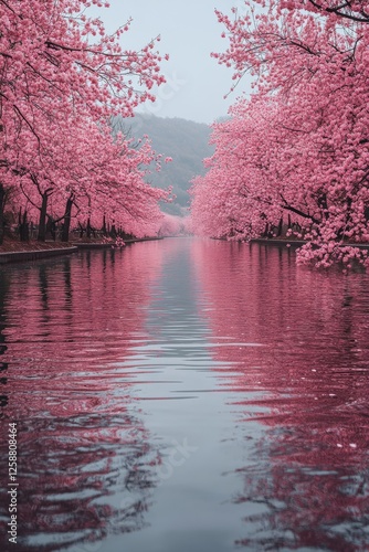 A Serene Journey: Pink Cherry Blossom Trees Reflecting in Tranquil Water, a Calm and Peaceful Scene Showcasing the Beauty of Nature's Blossoming Art