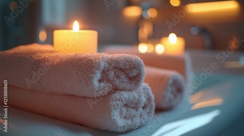 Relaxing ambiance with soft towels and glowing candles in a serene bathroom s...